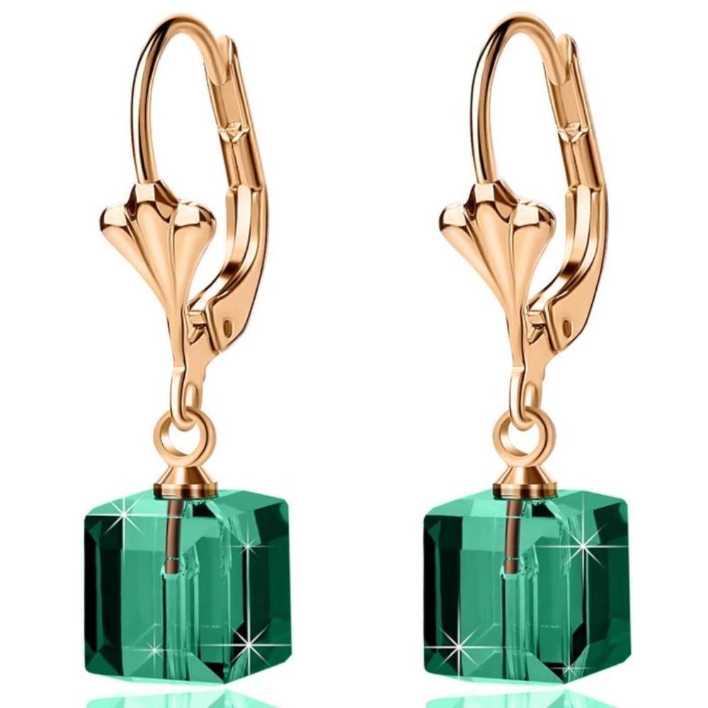 14K Yellow Gold with Emerald Green Austrian Crystal Cube Leverback Drop Earrings
